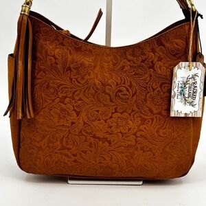 Ecotorie Bleu Shoulder Bag Womens Medium Cognac Brown Tooled Leather Floral Boho